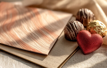 Fototapeta premium Valentine's Day card with chocolates, heart-shaped candies, elegant cards, space for text input