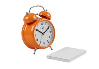 A pristine, vibrant orange analog alarm clock with spherical bells, showing 9:45, beside a transparent minimalist notebook, on a transparent studio background, highlighting precision and minimalist