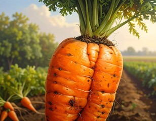 Large, organically grown carrot on a field with natural green leaves in the farm