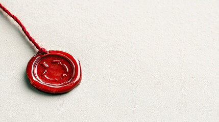 Close-up of a red wax seal with a string attached, set against a white textured background.