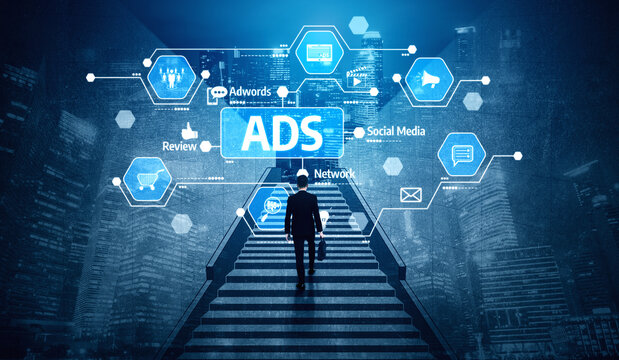 A business professional ascends stairs, surrounded by digital ads and marketing concepts, symbolizing progress and strategy in modern urban settings. Tessel - Powered by Adobe