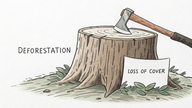 Tree stump with axe, representing deforestation and loss