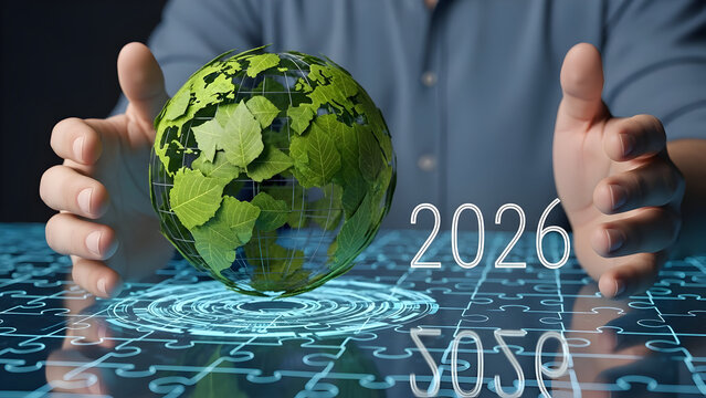Human Hands Embracing a Glowing Digital Earth Globe for Sustainable Future 2026 - Powered by Adobe