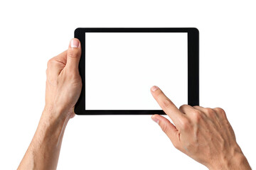 Hands holding and touching a digital tablet with blank white screen for mockup on white or transparent background.