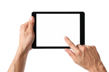 Hands holding and touching a digital tablet with blank white screen for mockup on white or transparent background.