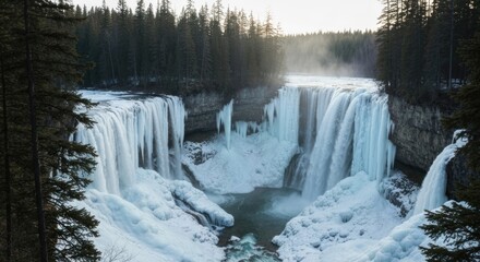 Frozen waterfall cascading into a snowy canyon, surrounded by dark evergreen forest.  Sunlight illuminates the icy falls