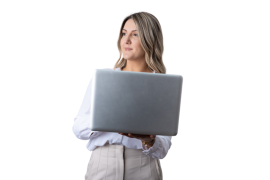 Businesswoman holding laptop working with technology looking away - Powered by Adobe