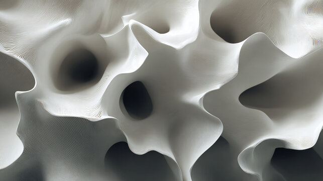 Abstract sculptural shapes in monochrome, with a play of light and shadow, creating a dynamic texture
