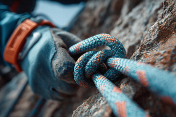 Detailed close-up of a hand clipping a rope into a carabiner during outdoor climbing Generative AI