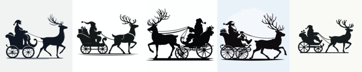 Silhouette of santa with his reindeer sleigh. Vector, minimalist, illustration, icon set.