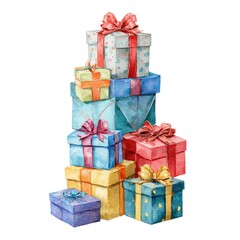 Colorful stack of gift boxes with ribbons isolated on white background