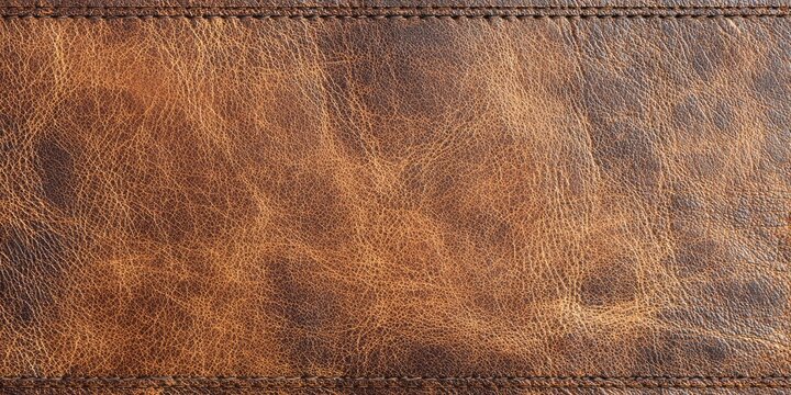 Distressed brown material displays intricate grain patterns with parallel stitching lines across the top and bottom edges
