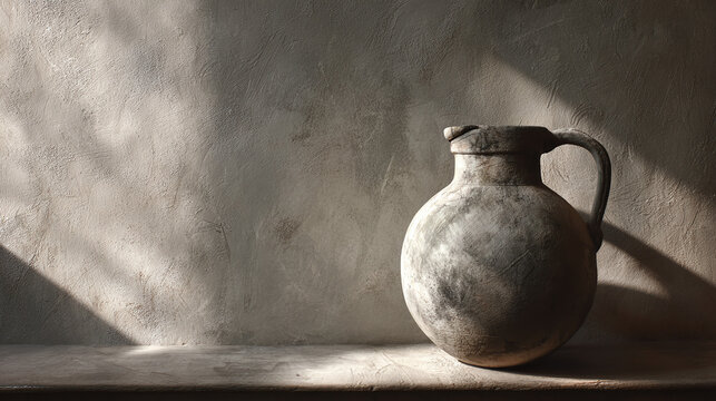 A rustic earthenware jug against a textured wall, with dramatic light and shadow adding depth and character