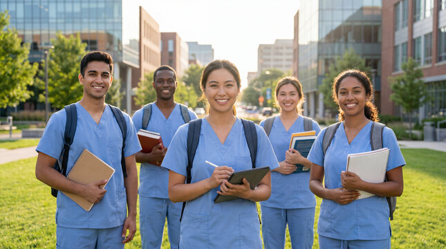 Group of diverse medical students in scrubs smiling outdoors on university campus.