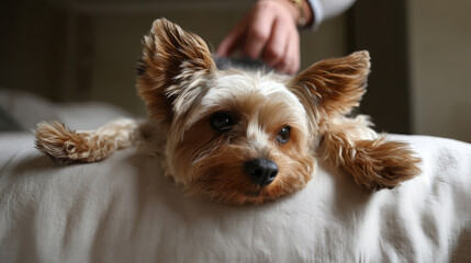 Cute fat dog sad because excess weight. Modern problem of obesity in pets due to overfeeding with food and treats. Concept diet and fight against excess weight in dogs and awareness of animal health