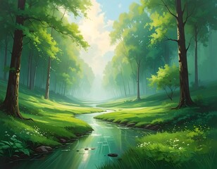 Lush green forest scene with a winding river leading into the distance