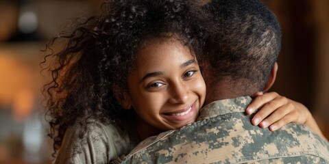 Happy daughter embracing father returning from military service