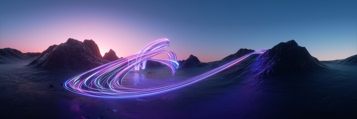 3d render. Surreal fantasy landscape under the sunset sky. Abstract panoramic background. Rocky...