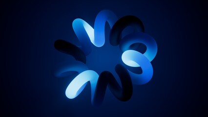Glowing blue neon helix forms a soft circular loop on dark blue. Futuristic abstract 3D shape with...