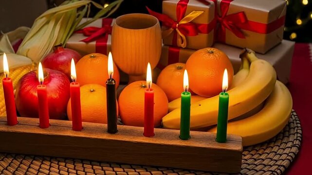 Vibrant Kwanzaa celebration display with kinara candles, fresh fruits, and festive gifts evokes joy and cultural heritage beautifully