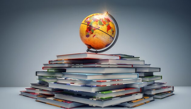 Educational Concept Globe on Books  Knowledge, Learning, Education, Research, Study, World Map, Geography, Literacy, School, Stacked Books, Knowledge