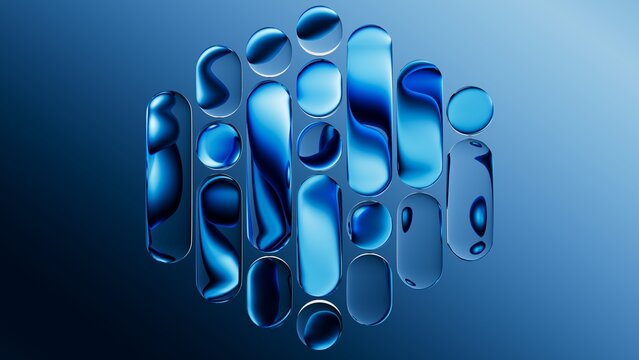 Transparent blue glass bubble formation floating on a smooth blue gradient background. 3D render illustration.