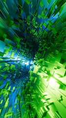 Fototapeta premium 3D abstract geometric background with metallic blocks, blue and green neon lights, and depth of field.