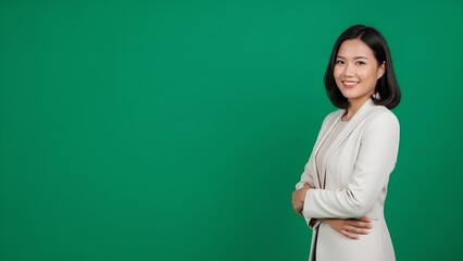 Confident businesswoman with arms crossed smiling at the camera against a green screen background