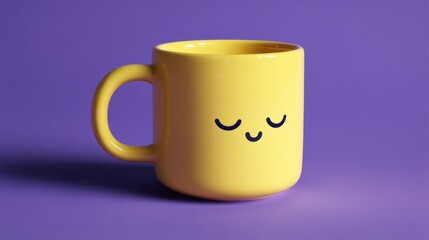 Fototapeta premium A cheerful yellow mug with a simple cartoon face featuring round eyes and a small closed mouth sits against a solid purp