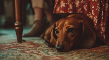 Cute fat dog sad because excess weight. Modern problem of obesity in pets due to overfeeding with food and treats. Concept diet and fight against excess weight in dogs and awareness of animal health