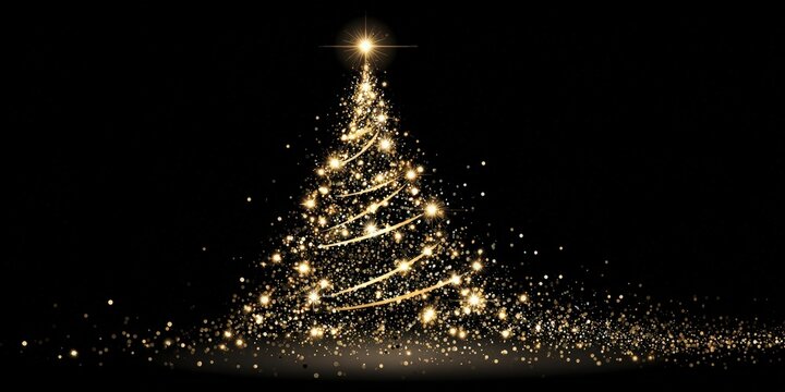 Golden glittering christmas tree on black background