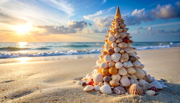Small seashell christmas tree on the beach with copy space sand