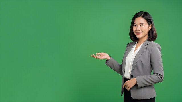 Confident businesswoman presenting with a smile against a green screen background, business presentation