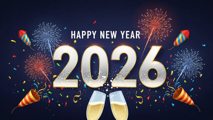 Festive Happy New Year 2026 celebration design featuring fireworks confetti and champagne flutes for holiday greetings and invitations
