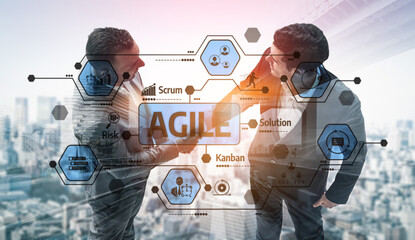 Two business professionals shake hands, surrounded by digital graphics representing agile methodologies like Scrum and Kanban, reflecting modern strategies in an urban setting. Tessel