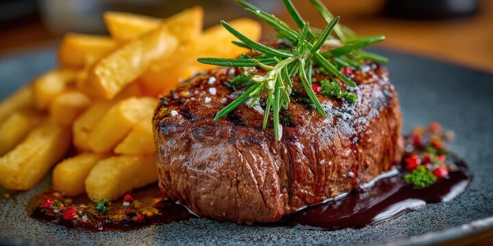 Grilled filet mignon steak with french fries