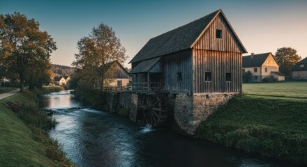 Obraz premium Rustic wooden watermill by a stream at dawn