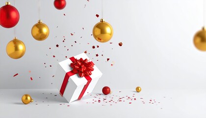 Festive white gift box with red ribbon and gold and red Christmas ornaments falling confetti.