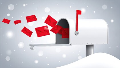 Red envelopes flying out of a white mailbox in a winter snowfall scene.