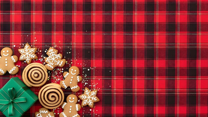 Christmas cookies and green gift on red plaid background festive holiday