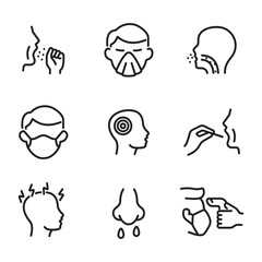 Flu icon set. Line style vectors. Contains icons such as cough, headache, and stuffy nose.