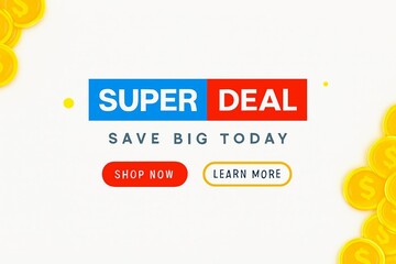 Obraz premium Super deal save big today with shop now and learn more buttons on a white background with yellow accents