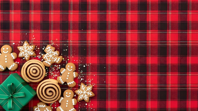 Christmas cookies and green gift on red plaid background festive holiday