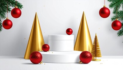 Elegant Christmas Product Display Podium with Gold Cones and Red Ornaments.