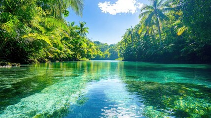 A beautiful tropical river scene with lush green vegetation, clear turquoise water, and palm trees under a bright sunny sky. The image captures a serene and nat