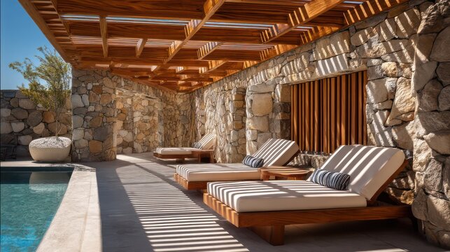 Riverside poolside lounge area with minimalist chaise seating warm golden sunlight reflecting off water surface crisp shadow edges - Powered by Adobe