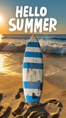 Surfboard on Beach at Sunset