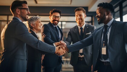 Diverse Business Team Celebrating Success Handshake, Unity, Collaboration, Partnership, Agreement in Modern Office.