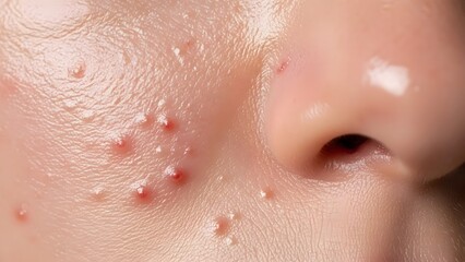 Detailed close-up showing human facial skin with numerous painful and inflamed acne pustules, indicating a common dermatological condition and skin health issue