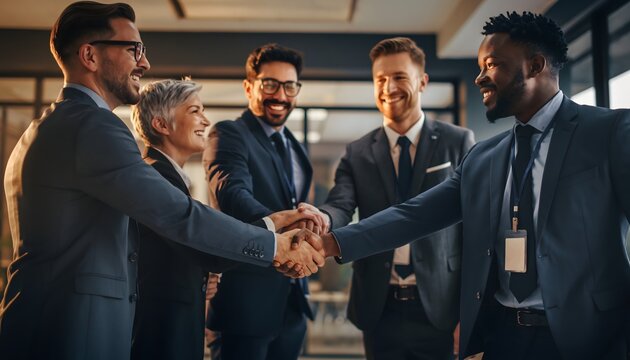 Diverse Business Team Celebrating Success Handshake, Unity, Collaboration, Partnership, Agreement in Modern Office.